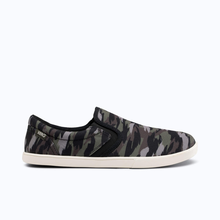 Xero Shoes Dillon Canvas Slip-On Men Sneaker in Army Green Camo with Toe Facing Right