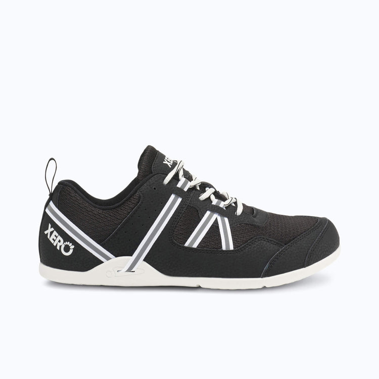Xero Shoes Prio Men Shoe in Black with White and Gray Strap Wrapping Around the Heel and Side,Toe Facing Right