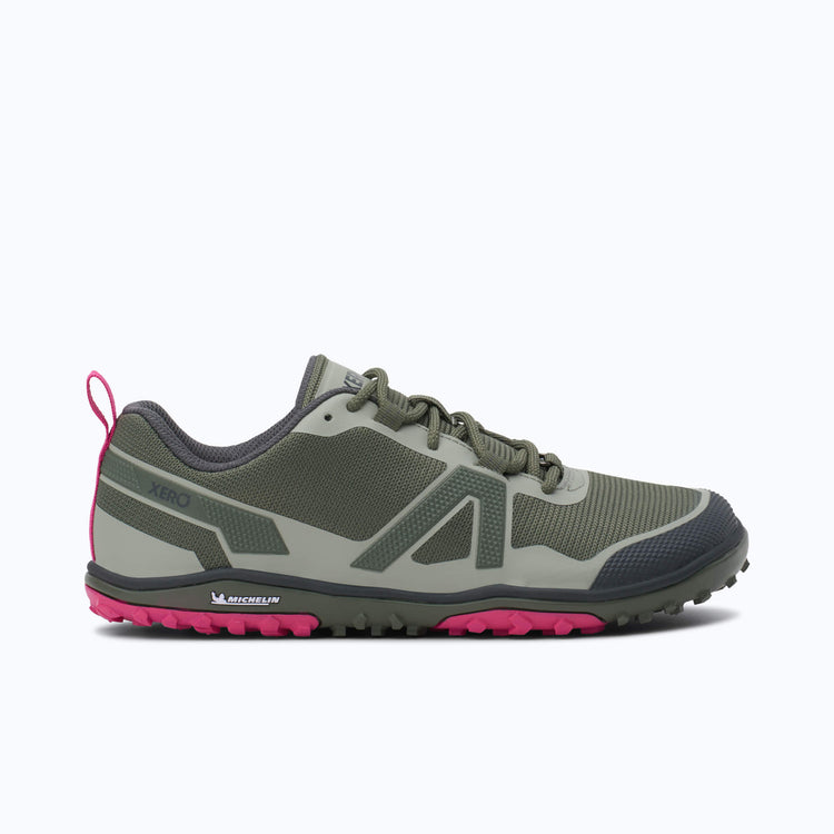 Xero Shoes Scramble Low EV Women Shoe at Army Green and Pink with Toe Facing Right