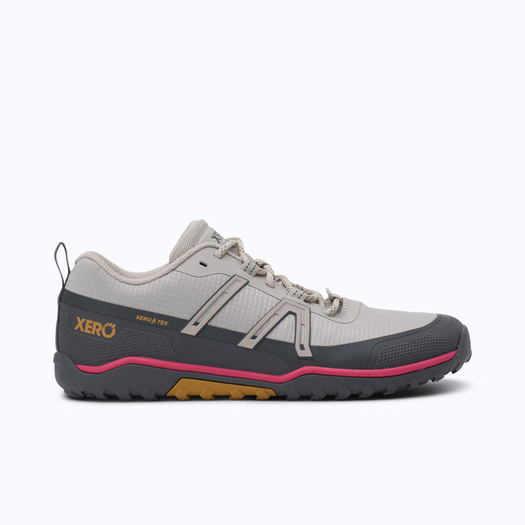 Xero Shoes Scramble Trail Low WP Women Shoe at Asphalt Gray and Pink with Toe Facing Right