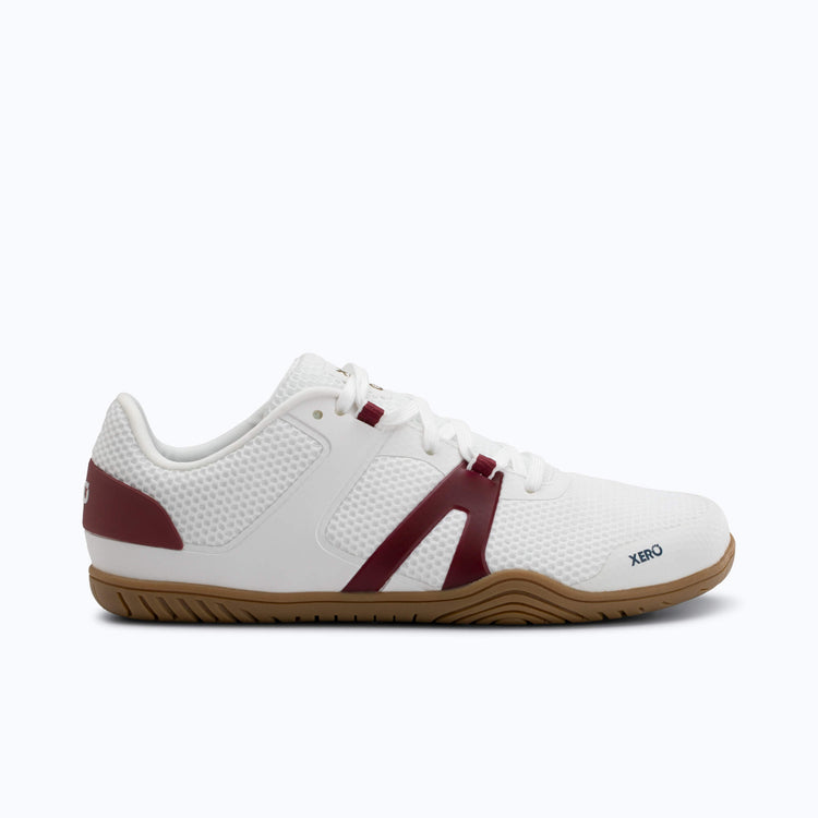 Xero Shoes 360 Rally Women Shoe in White with Maroon Accent and with Toe Facing Right