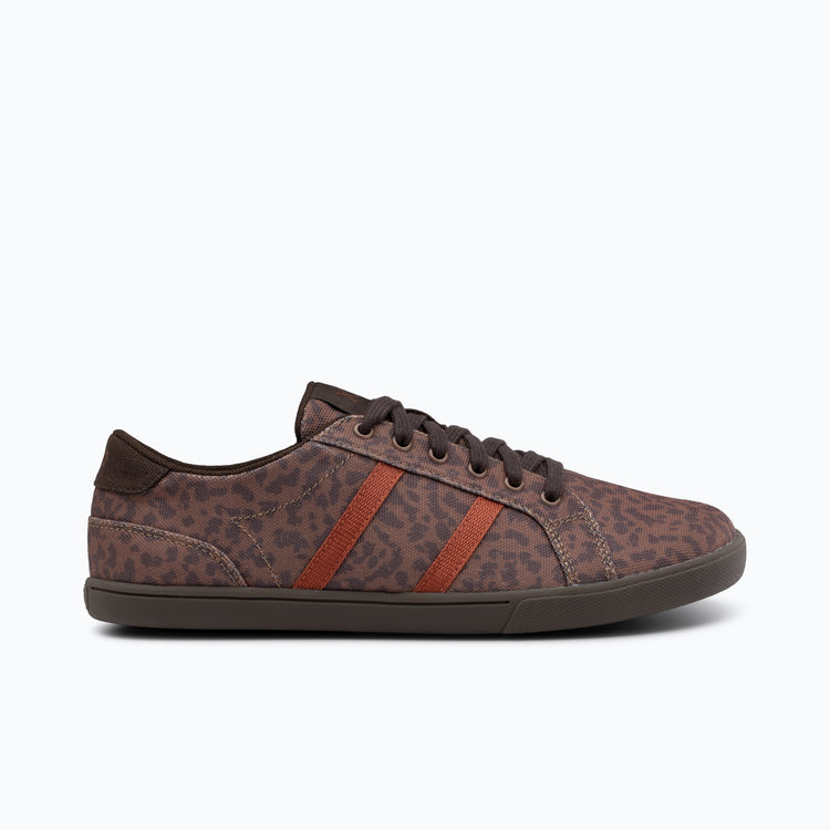 Xero Shoes Dillon Canvas Women Sneaker at Dark Brown Leopard with Toe Facing Right