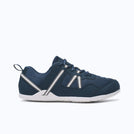 Xero Shoes Prio Men Shoe in Vintage Indigo with Gray and White Strap Wrapping Around the Heel and Side.Toe Facing Right