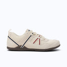 Xero Shoes Prio Men Shoe in Cream with Black and Red Strap, also a Black and Blue Chevron Design on the Side with Toe Facing Right